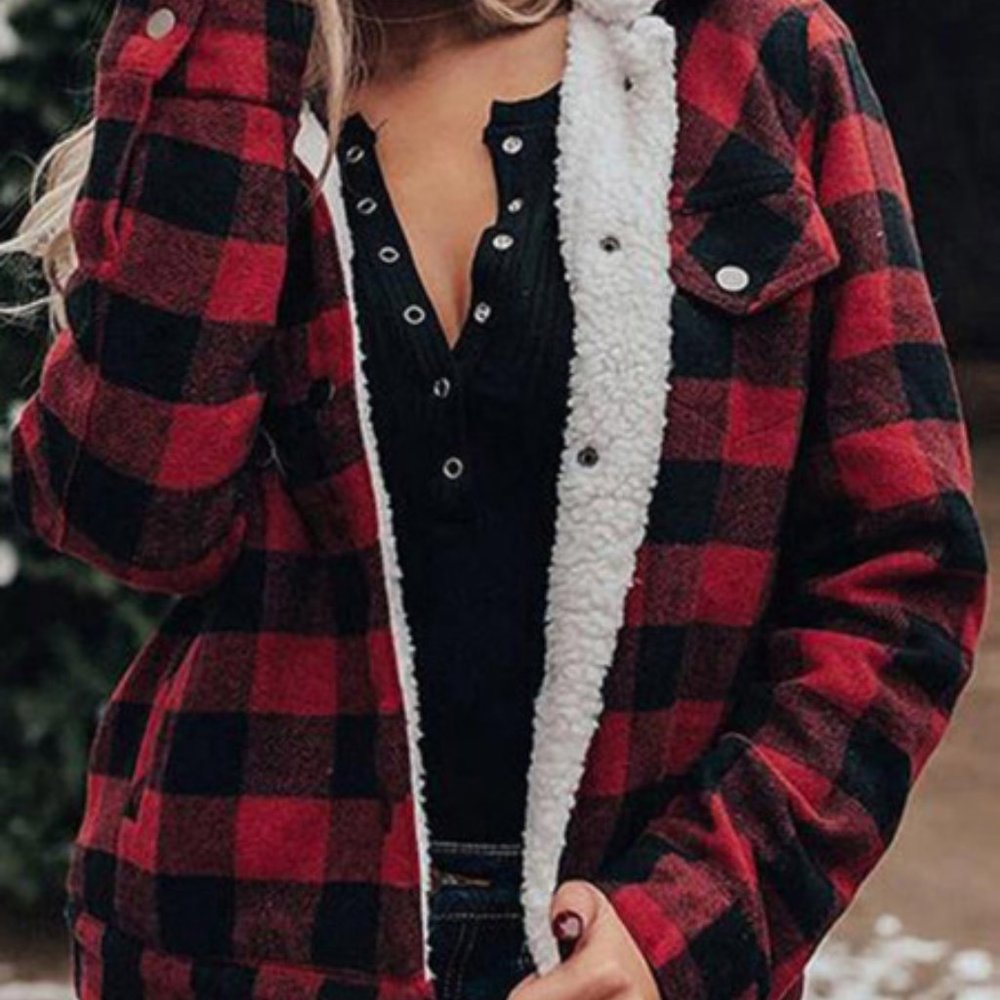 💜 New Buffalo Plaid Print Fleece Jacket - Picture 3 of 5